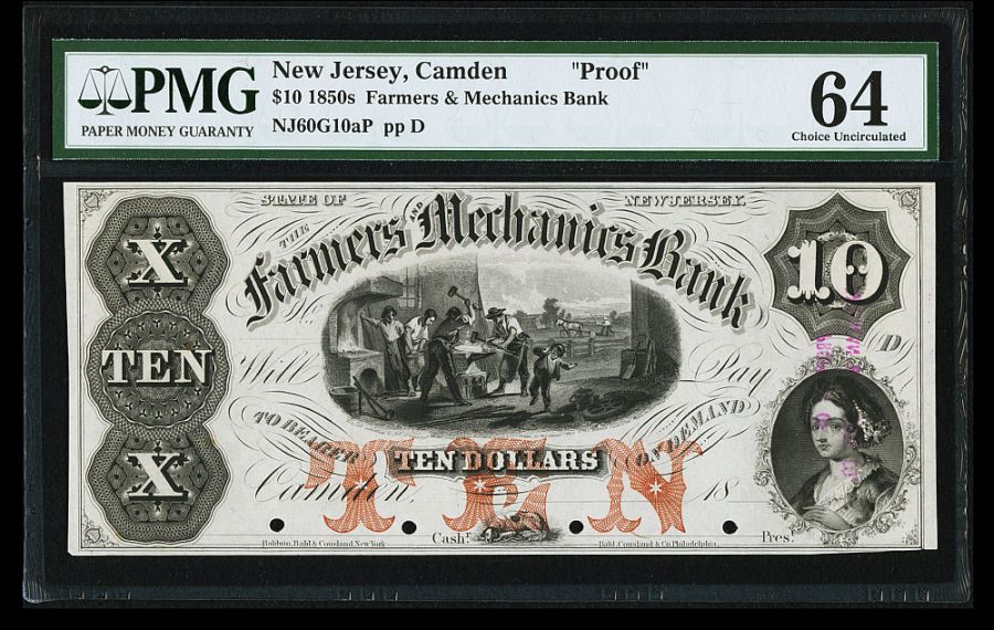 Camden, NJ, Farmers & Mechanics Bank 1850s $10 Proof, PMG-64